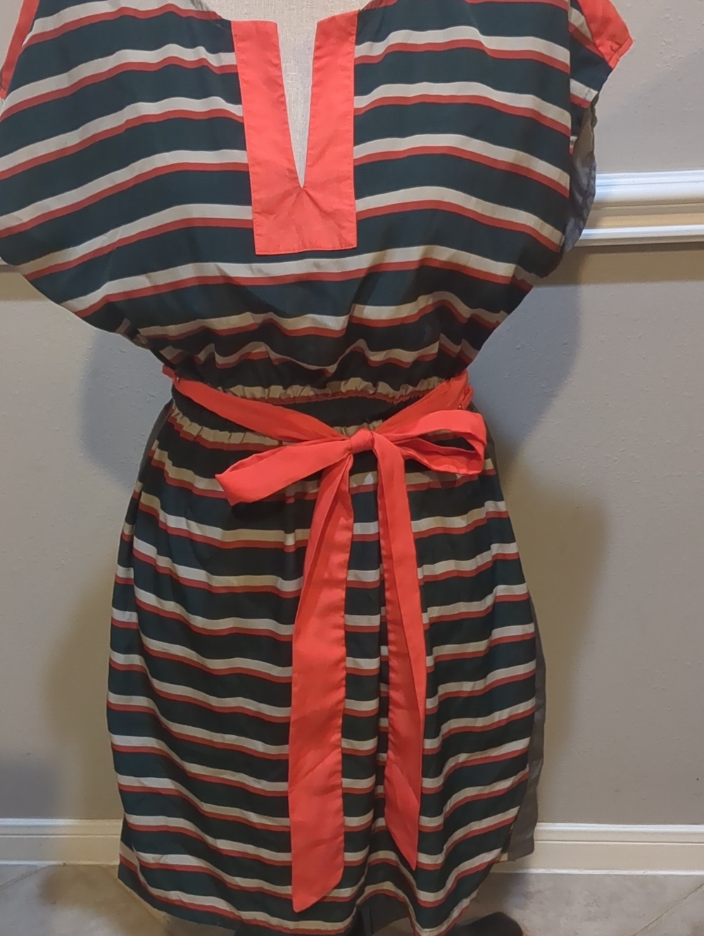 Maude Striped Midi Dress in Green, Cream and Coral